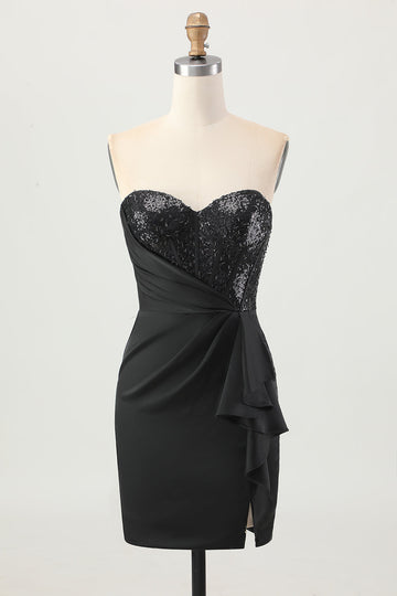 Black Strapless Corset Bodycon Beaded Cocktail Dress with Slit